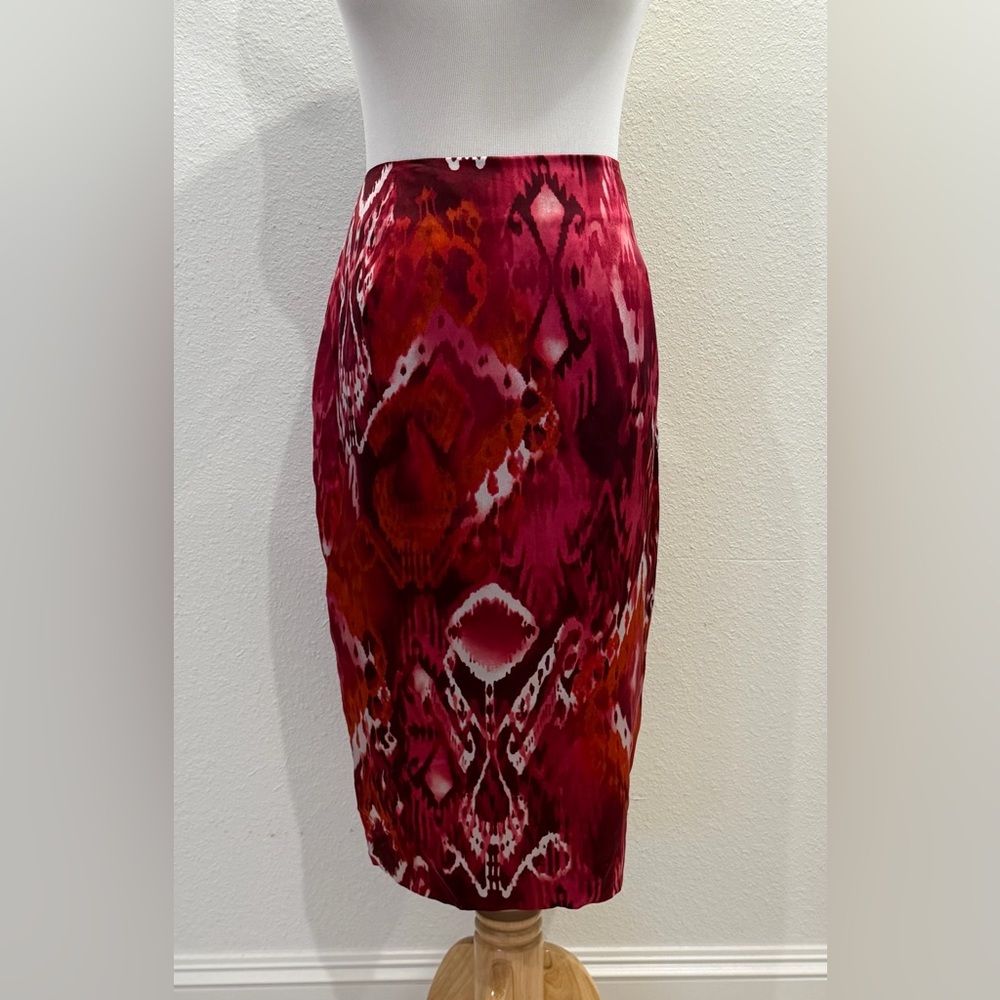 NEW Vintage Y2K‎ Spiegel Women’s 100% Silk Midi Pencil Straight Skirt 8 Red Ikat